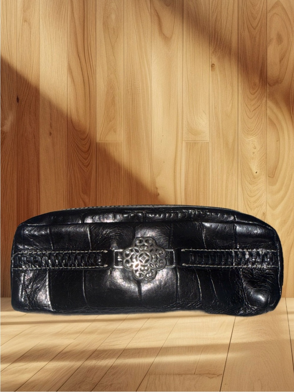 Brighton Vintage Black Croc Embossed Cosmetic Case Travel Makeup Bag Y2K